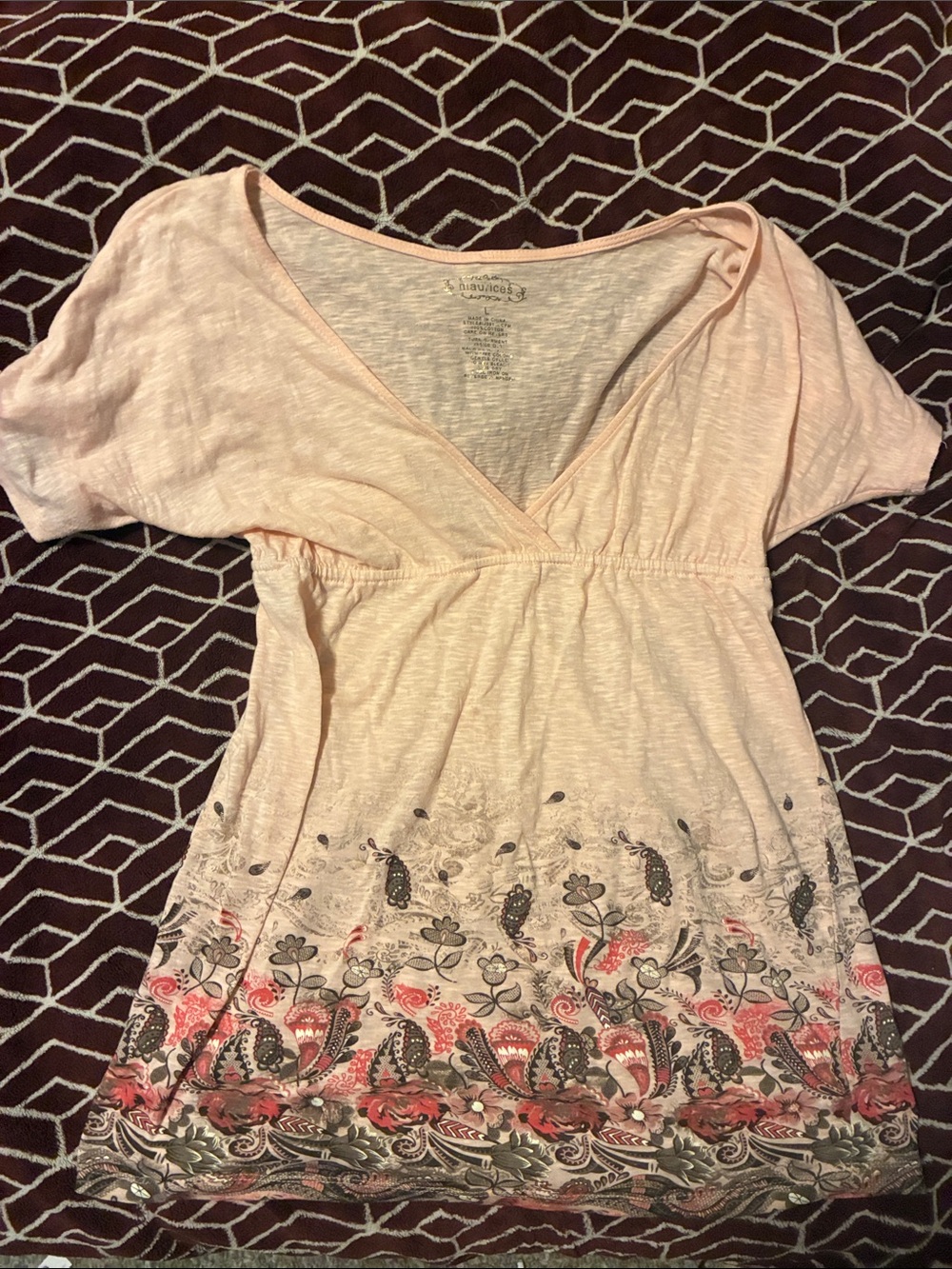 Maurices Light Pink Floral Border V-Neck Tunic